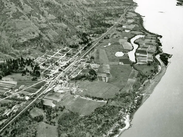 Aerial view of a rural landscape with fields, a river, and a small town, surrounded by hills and scattered trees.