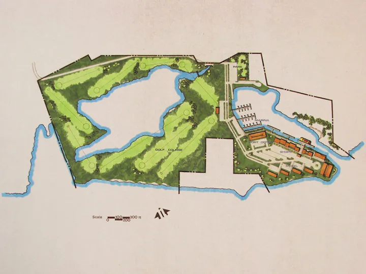 Map of a development plan showing a golf course, marina, and shops with surrounding water features.