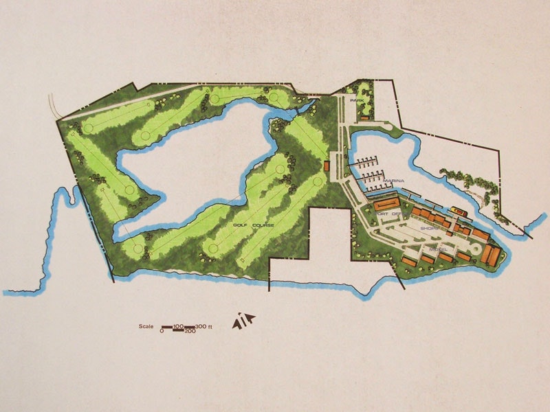 Map of a development plan showing a golf course, marina, and shops with surrounding water features.
