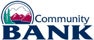 Logo with a mountain and trees next to the words "Community Bank."