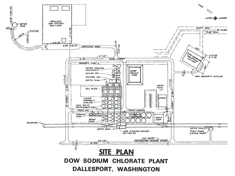 Site plan for Dow Sodium Chlorate Plant in Dallesport, Washington, showing layout, buildings, tanks, and road connections.