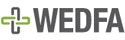 Logo with the text "WEDFA" and a green, stylized cross design on the left.