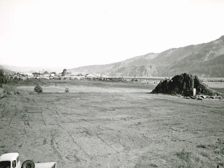 Open field with scattered trees, industrial buildings in the distance, a pile of rocks, and mountains in the background.