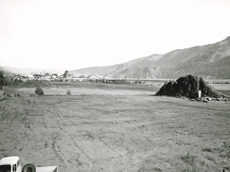 Open field with scattered trees, industrial buildings in the distance, a pile of rocks, and mountains in the background.