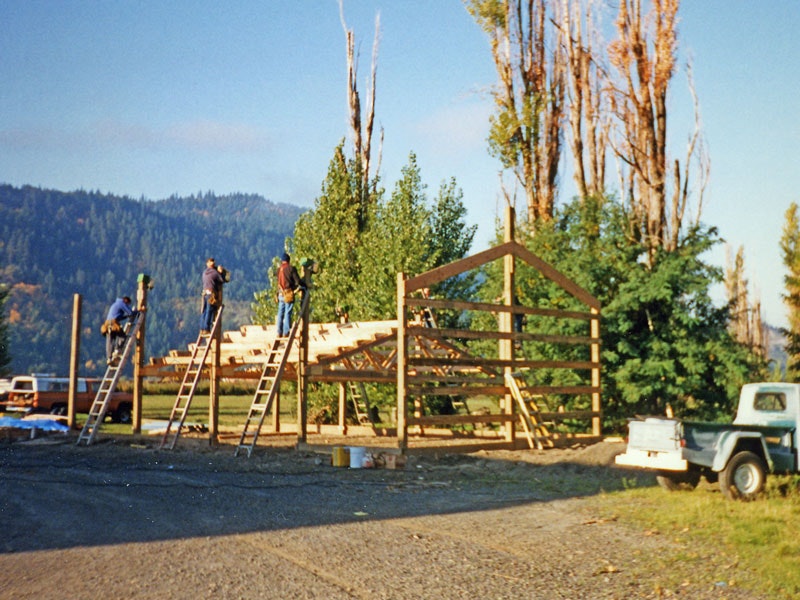 Construction of a wooden structure with people on ladders, set in a rural area with trees and mountains.