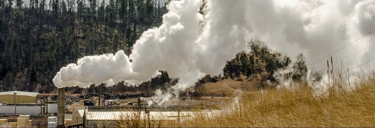 Industrial facility with large smoke plumes against a forested hillside.