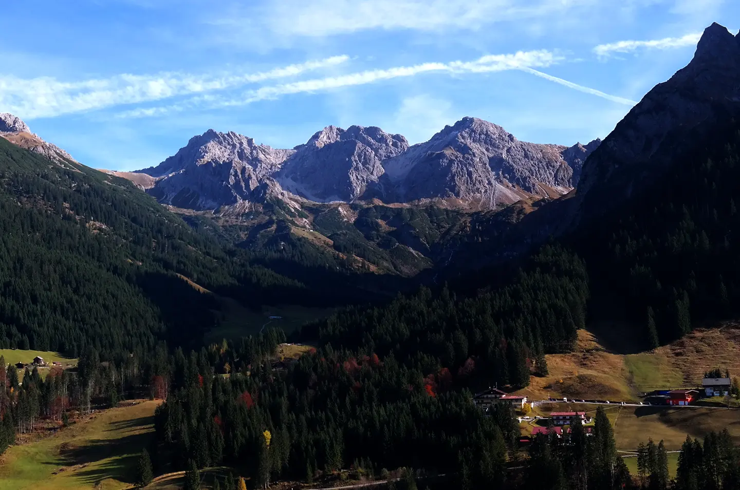 Majestic alpine mountains with forested slopes under a blue sky.