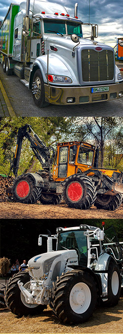 Three different vehicles: a semi truck, a forestry harvester, and a tractor.