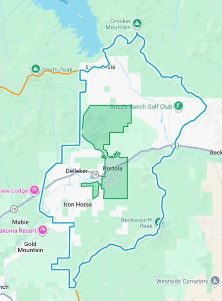 The image shows a map highlighting areas around Portola and nearby regions, including landmarks like Grizzly Ranch Golf Club.
