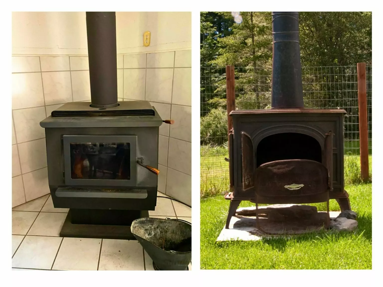 Two wood stoves, one indoor and one outdoor, showing before and after use or restoration.