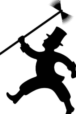Silhouette of a person with a top hat and a chimney sweep brush.