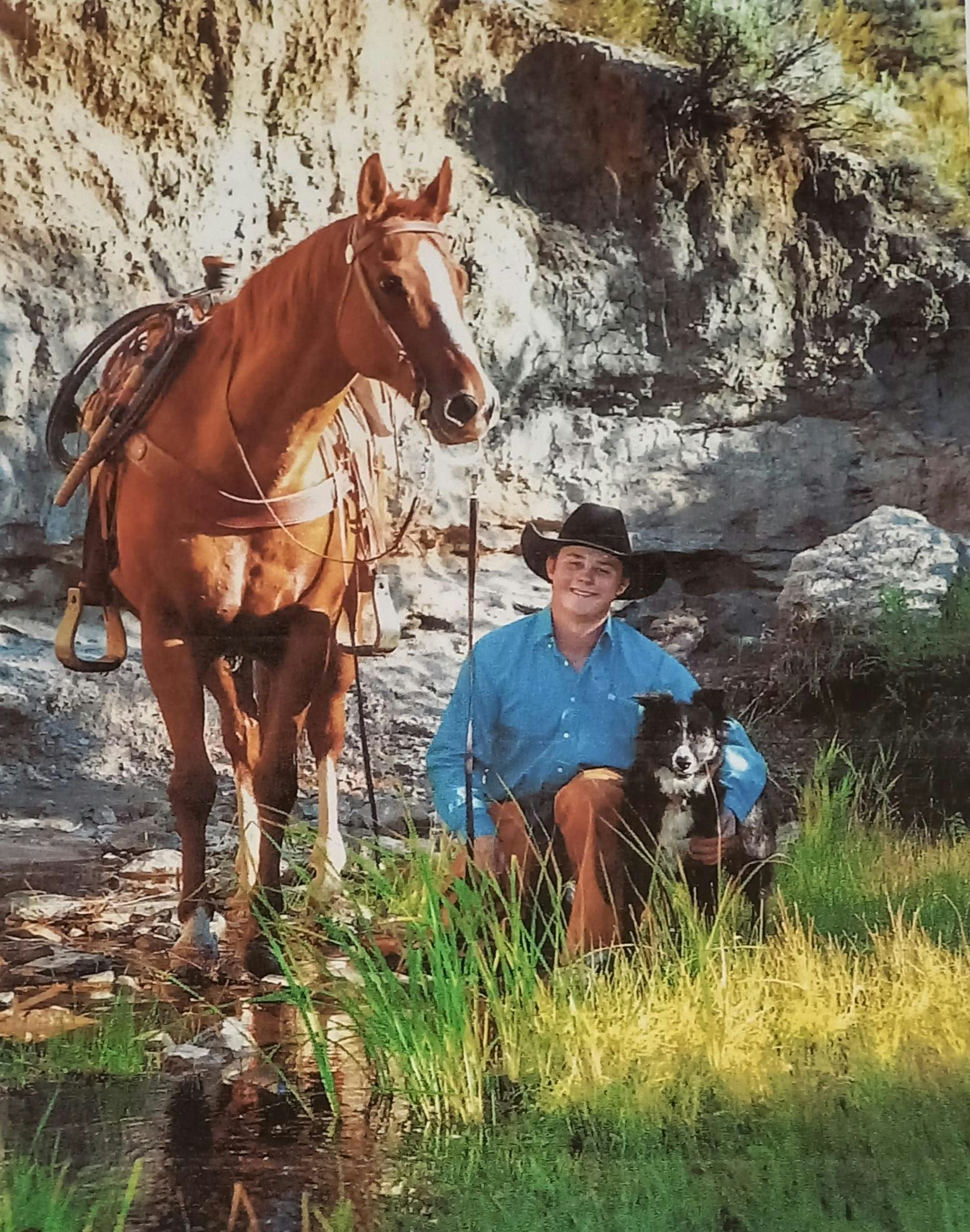 A person in a blue shirt and cowboy hat with a dog, kneeling beside a brown horse in a rocky, grassy area.