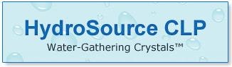 Text "HydroSource CLP" with "Water-Gathering Crystals" on a blue background with water droplets.