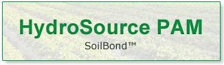 Text: "HydroSource PAM SoilBond™" on a green agricultural background.