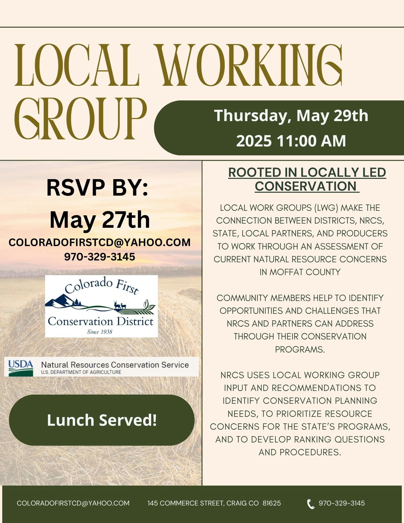 Local Working Group meeting on May 29, 2025, 11 AM. RSVP by May 27. Focus on conservation in Moffat County. Lunch served.