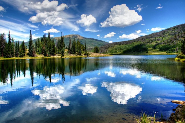 A serene mountain lake, surrounded by pines, with reflections of fluffy clouds in the clear blue water, under a bright sky.