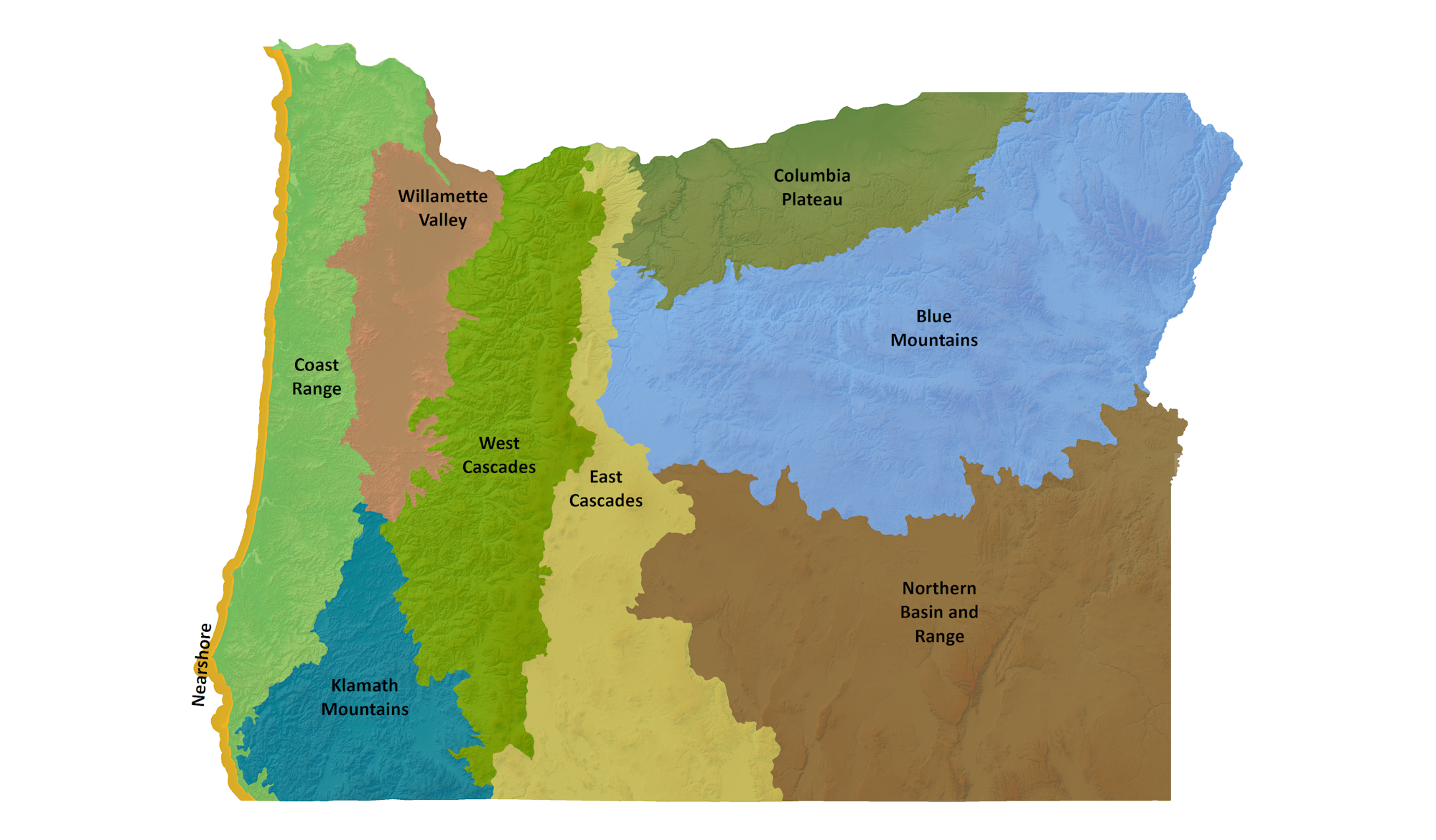 A map of Oregon's geographical regions: Coast Range, Willamette Valley, Cascades, Klamath Mountains, Blue Mountains, and more.