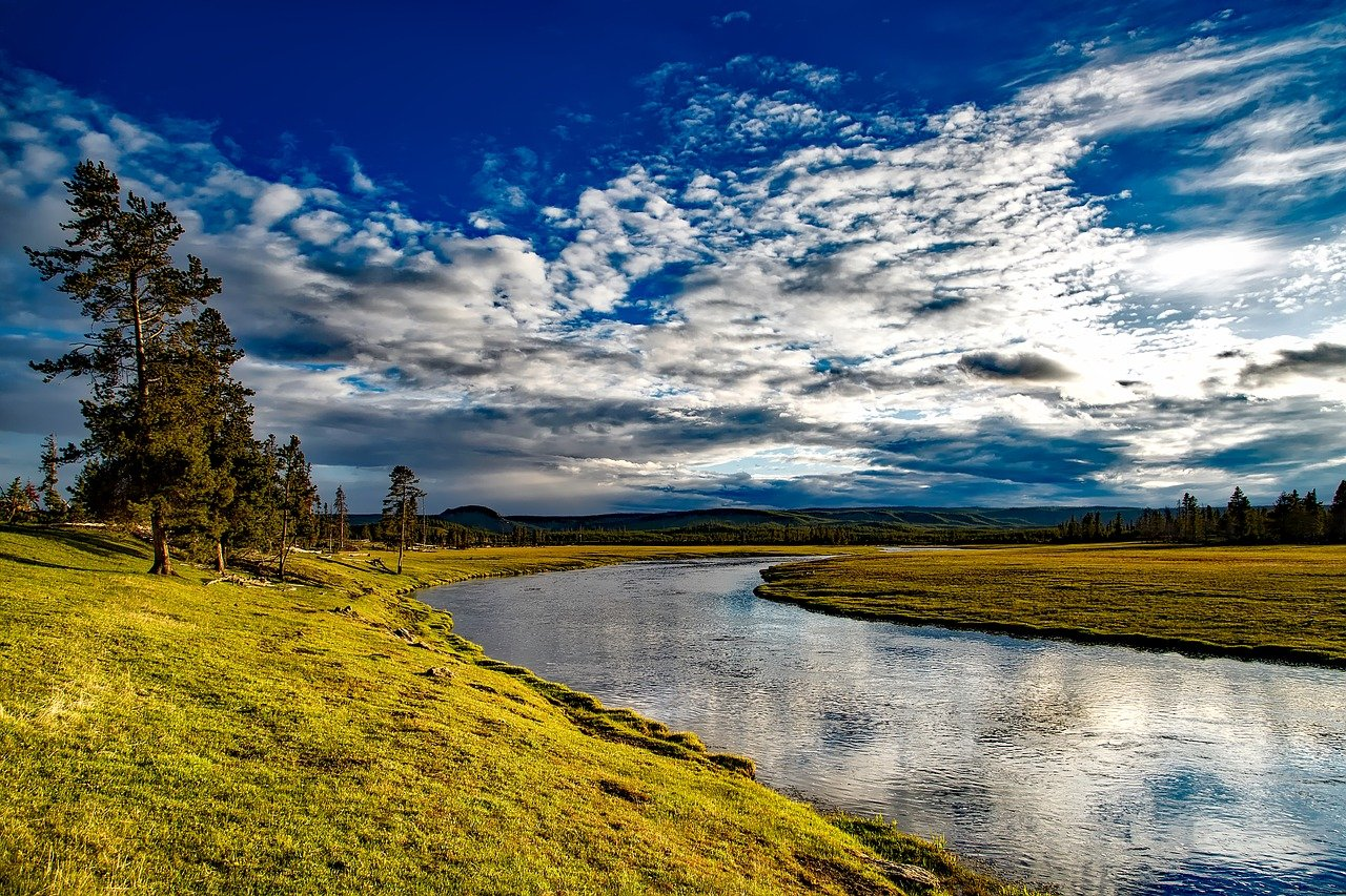 May contain: nature, outdoors, scenery, sky, landscape, cloud, land, cumulus, weather, grass, plant, tree, field, grassland, water, fir, lake, and pond