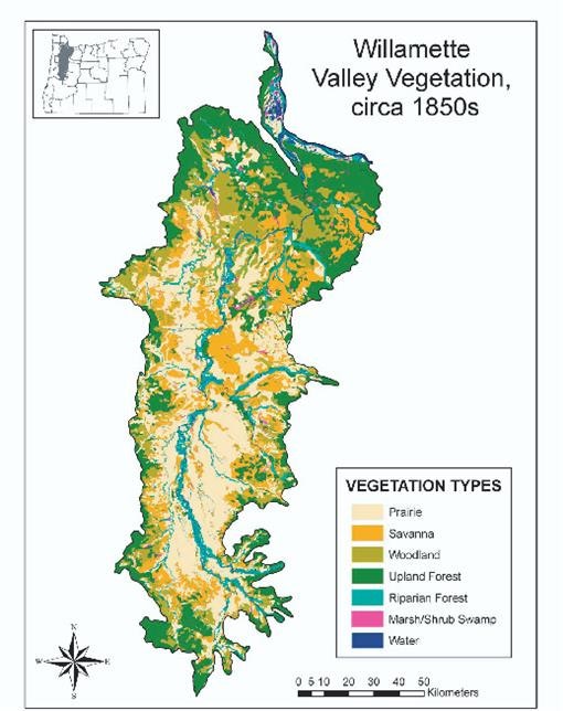 Map of Willamette Valley's 1850s vegetation, displaying prairie, savanna, woodland, forests, and water areas with a color legend.