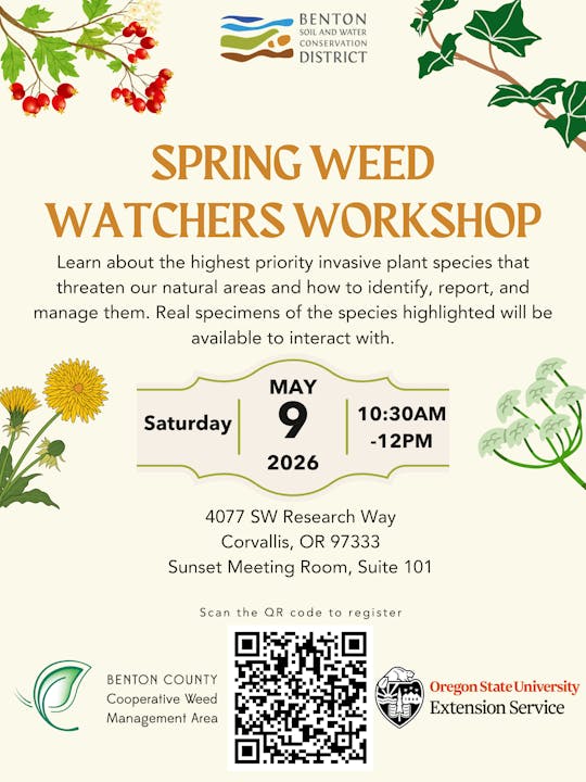 Spring Weed Watchers Workshop on May 9, 2026, in Corvallis. Learn about invasive plants. Register via QR code.