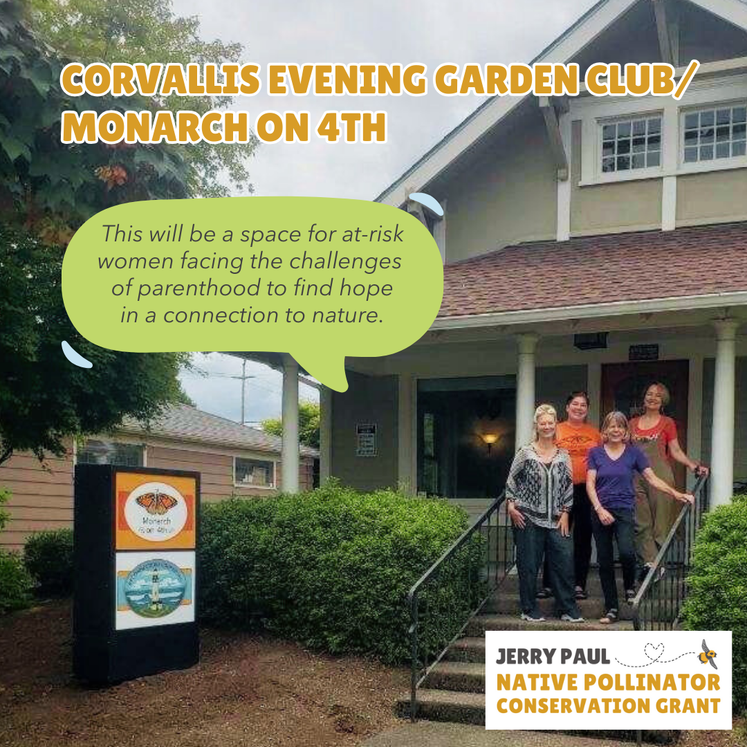 A group of women in front of a house with a sign promoting a garden club for at-risk mothers seeking hope through nature.