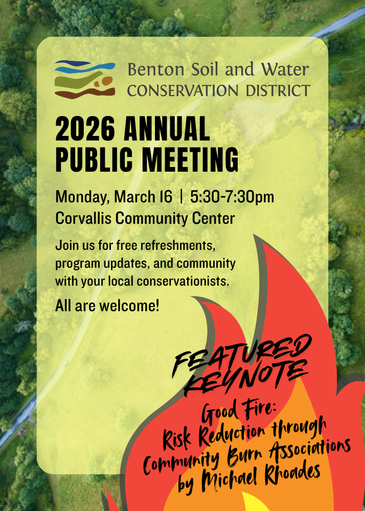 Announcement for Benton Soil and Water Conservation District's public meeting on March 16, featuring a keynote on community burn associations.
