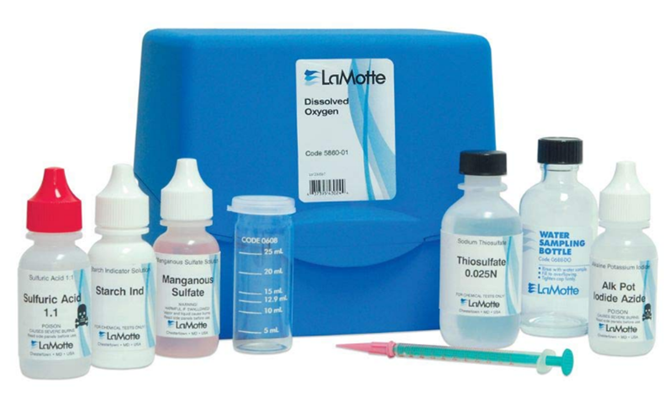 A dissolved oxygen test kit with reagent bottles, a syringe, and a water sampling bottle.