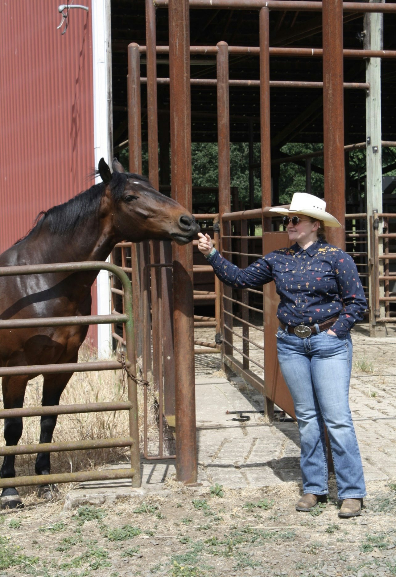 A person in a cowboy hat and sunglasses greets a horse at a ranch gate.
