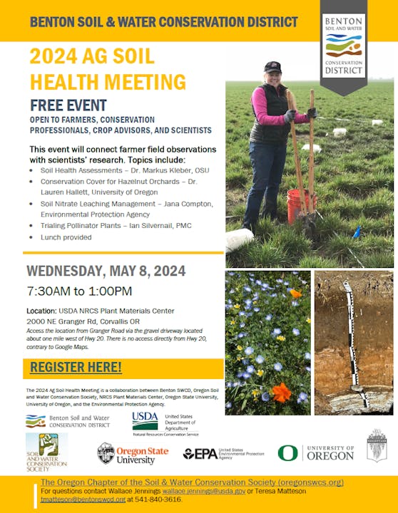 A poster for the 2024 Ag Soil Health Meeting by Benton Soil & Water Conservation District, with event details, topics, and a woman in a field.