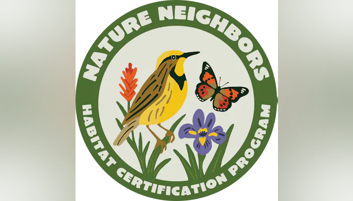 The image features a circular emblem with a yellow bird, a butterfly, and flowers, promoting a habitat certification program.