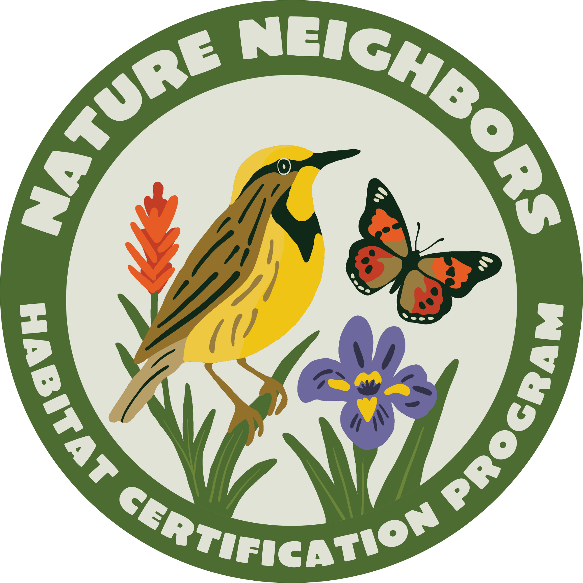 The image features a circular emblem for "Nature Neighbors," highlighting habitat certification with a bird, butterfly, and flowers.