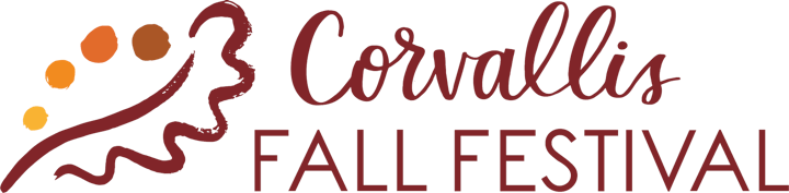 Text logo: "Corvallis Fall Festival" with artistic leaf design.