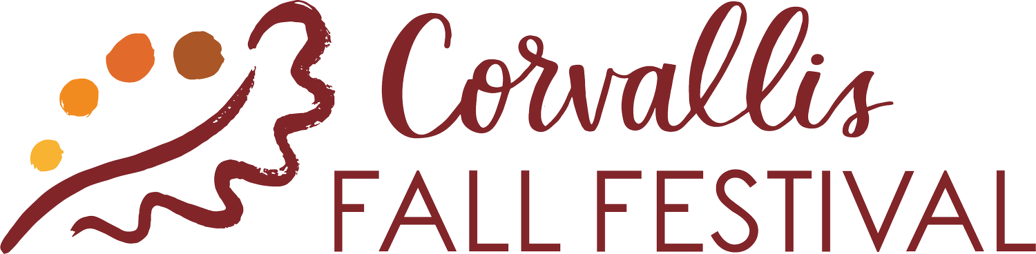 Text logo: "Corvallis Fall Festival" with artistic leaf design.
