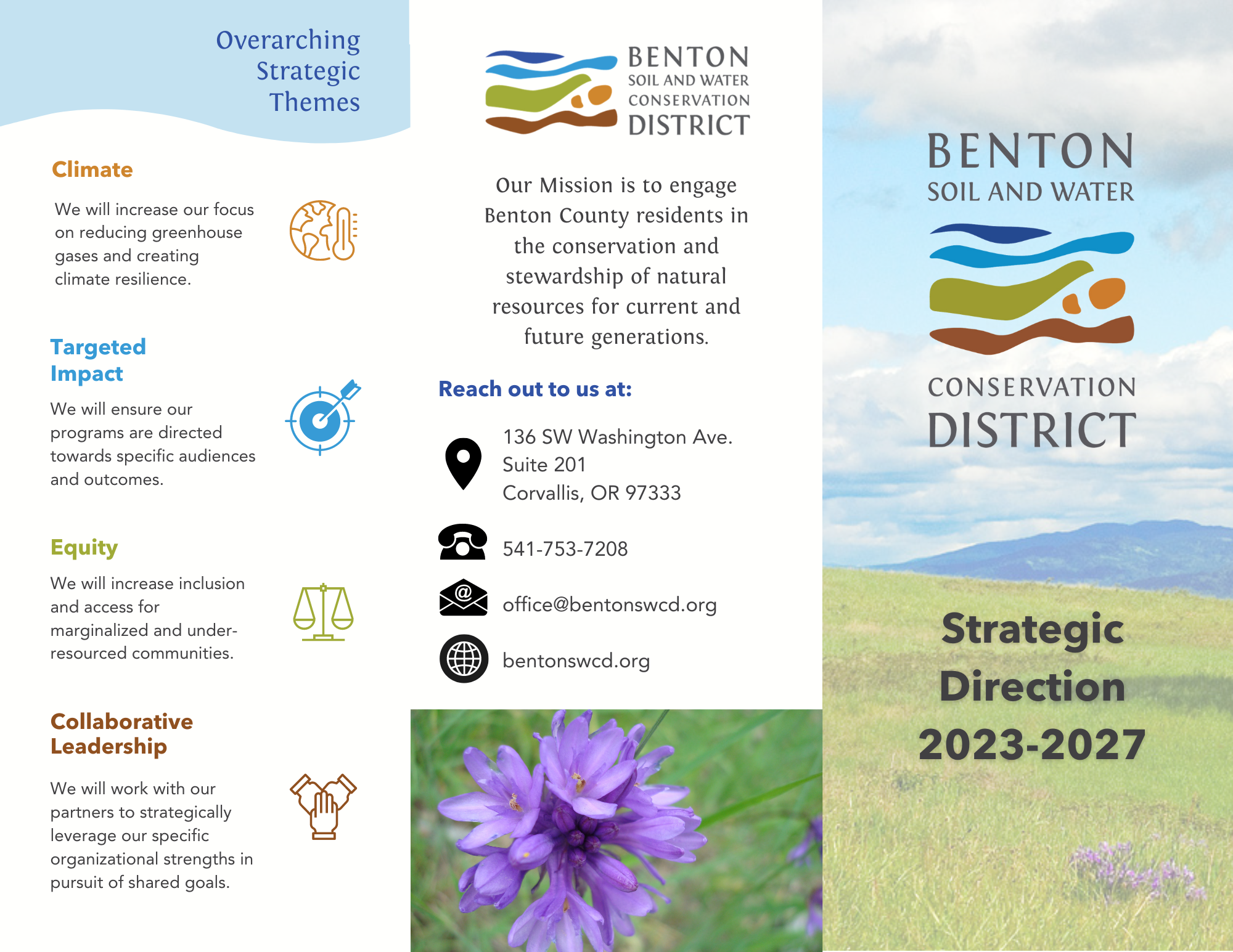 An infographic from Benton Soil and Water Conservation District outlining their mission, strategic themes, and contact information.