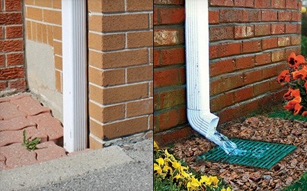 Split image: left shows a bare downspout against a brick wall; right shows a downspout directing water onto a drainage grate.