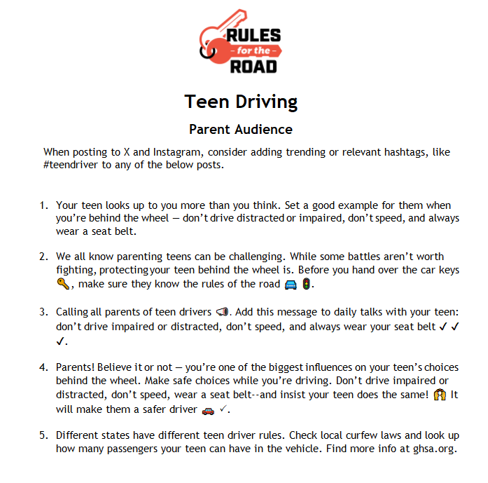 It's a text document titled "Teen Driving" with safety tips for parents regarding their teen drivers. It includes hashtags for social media use.
