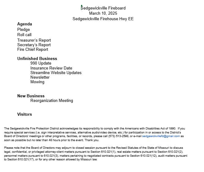 Sedgwickville Fireboard agenda for March 10, 2025, including reports, unfinished business, and a reorganization meeting.