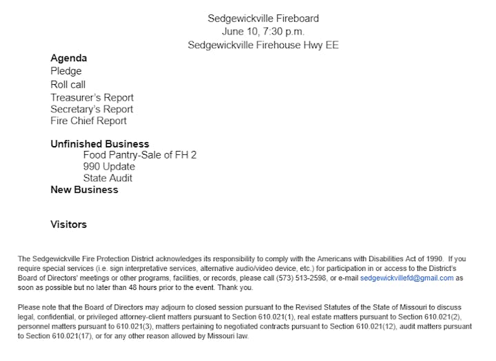An agenda for a meeting at Sedgewickville Firehouse with topics like reports, food pantry sale, and state audit.