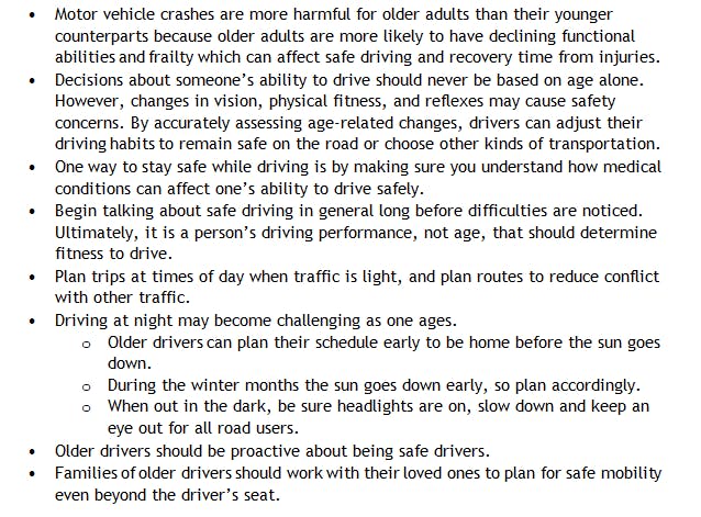A text excerpt discussing road safety tips for older drivers, highlighting how age-related changes affect driving and the importance of planning and proactive safety measures.
