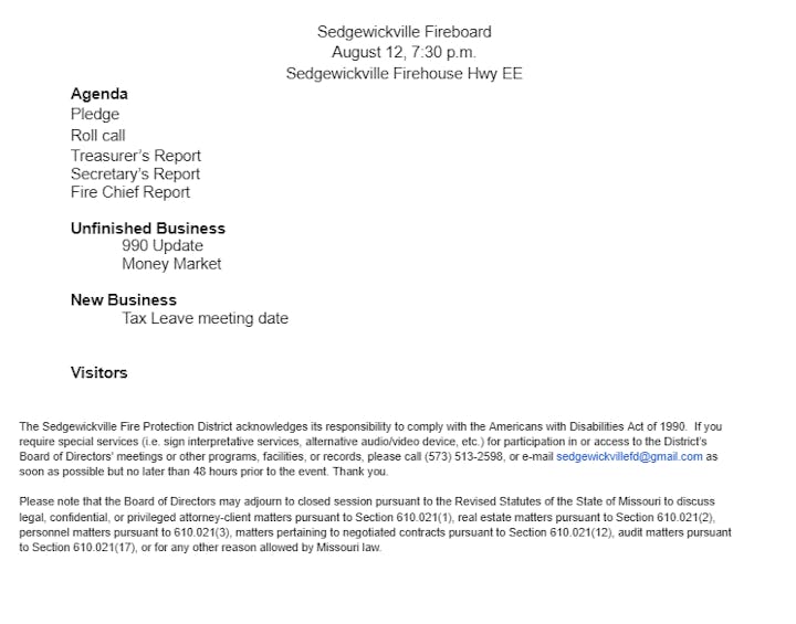 Agenda for Sedgewickville Fireboard meeting, including reports, unfinished business, new business, visitor info, ADA compliance, and legal notice.