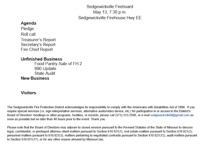 Agenda for Sedgewickville Fireboard meeting with schedule and topics, including unfinished and new business, plus ADA notice.