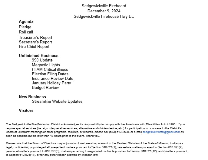 Agenda for Sedgwickville Fireboard on December 9, 2024. Topics: reports, unfinished business, streamline website updates.