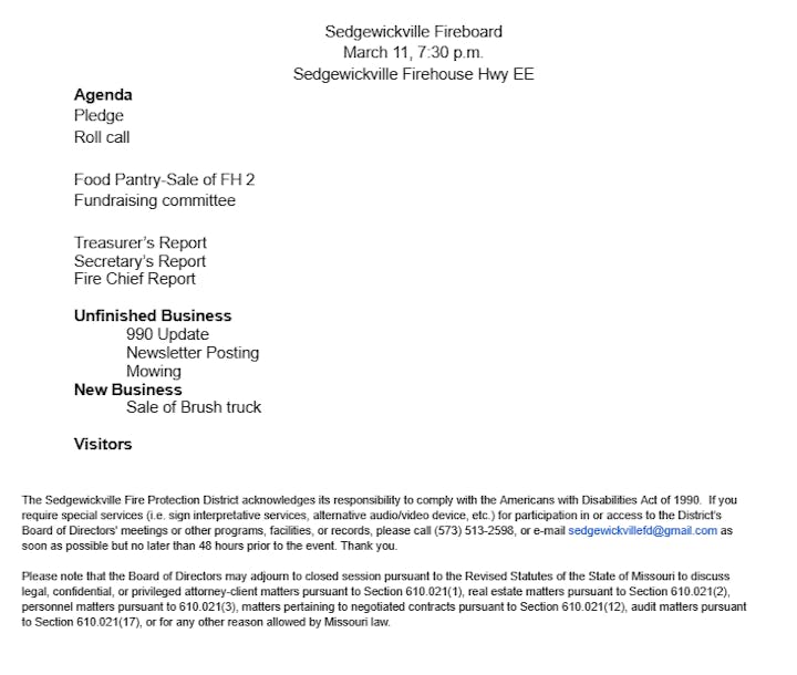 An agenda for a meeting at Sedgewickville Firehouse with date, location, discussion topics and legal notices.