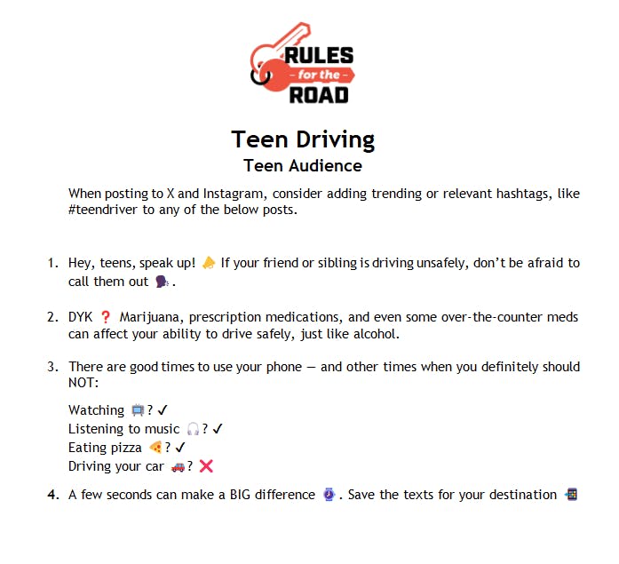 An infographic with safe driving tips for teens, suggesting responsible phone use and speaking up against unsafe driving.