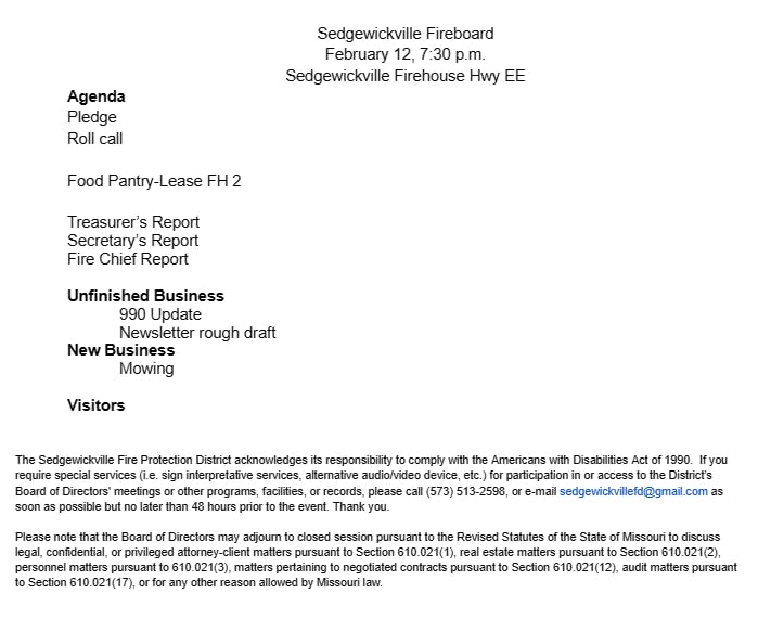 An agenda for a fireboard meeting at Sedgewickville Firehouse with topics like reports, updates, and new business.