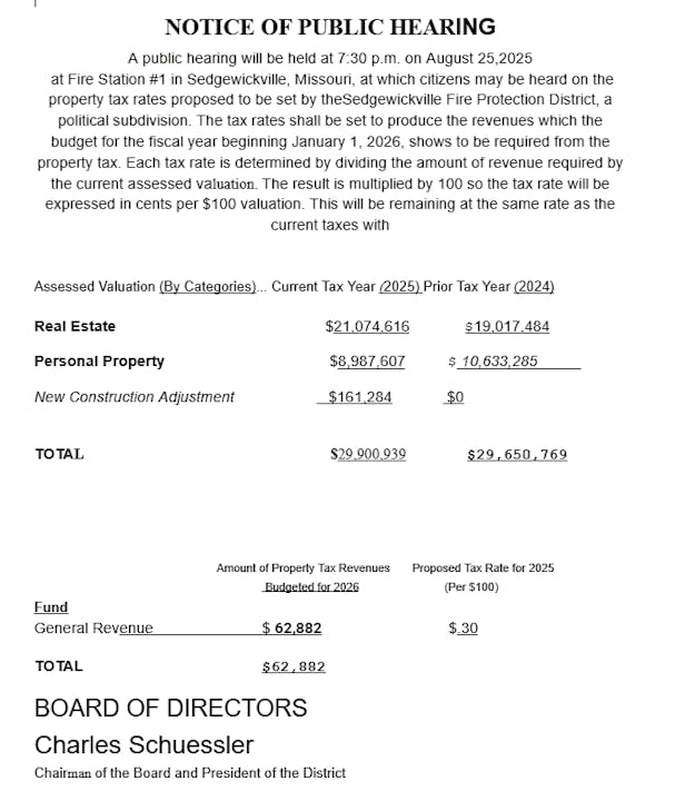 Notice of public hearing on property tax rates in Sedgewickville, Missouri, scheduled for August 25, 2025.