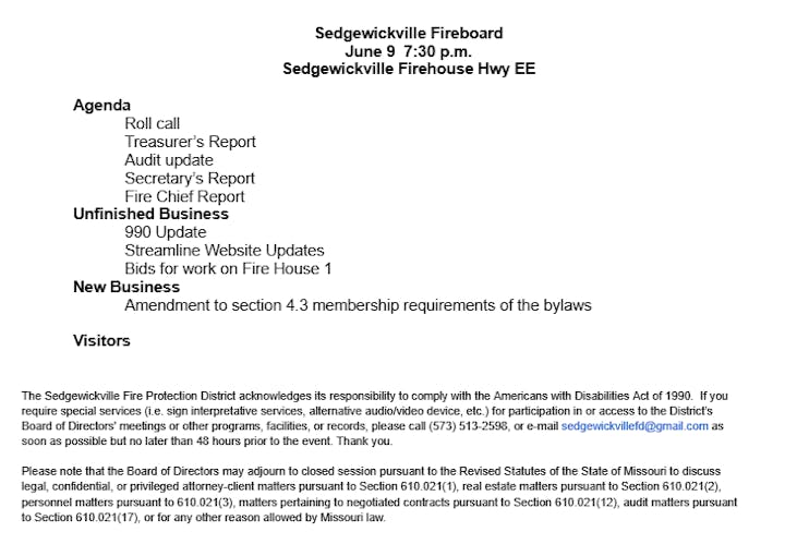 Sedgewickville Fireboard meeting agenda for June 9, including reports, updates, and bylaw amendments.
