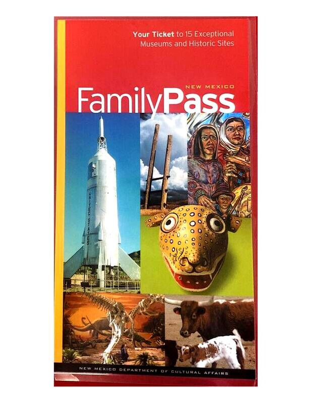 A New Mexico Family Pass brochure featuring a rocket, cultural artwork, dinosaur fossils, and livestock.