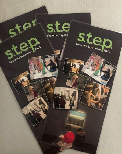 Three brochures with "s.t.e.p. Share the Experience PASS" text and images of people engaged in various activities.
