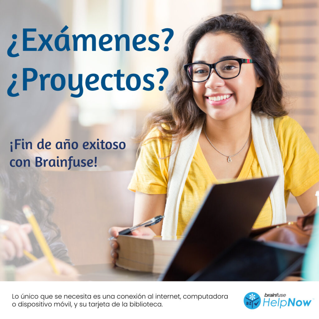 A smiling student with a laptop and an ad for Brainfuse HelpNow for exams and projects, promoting a successful school year.